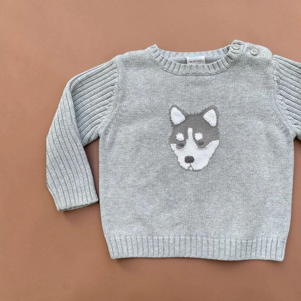 Gymboree 2008 Gray Husky Puppy Dog Cotton Knit Sweater 18-24M
